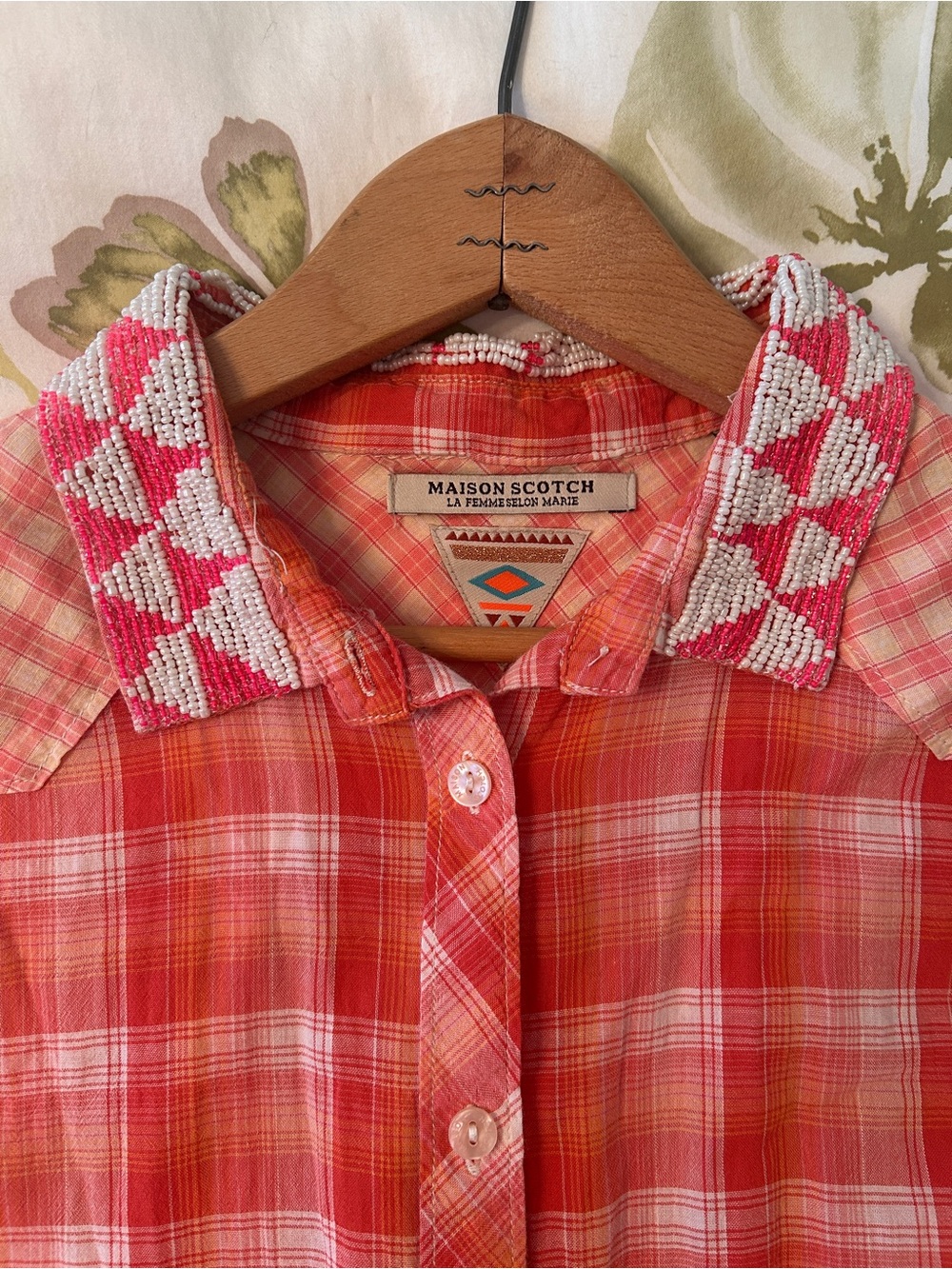 Scotch & Soda Pink and Coral Plaid Shirt with Beaded Collar